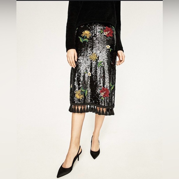 NWT!! ZARA embroidered sequin tassel midi skirt - Picture 1 of 8